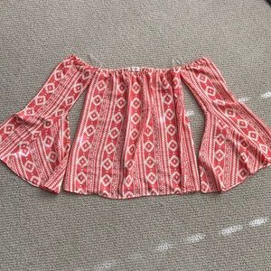 Rachel Kate Cold Shoulder Blouse Geo Print Bell Sleeve Top Small Pink Cream NWT